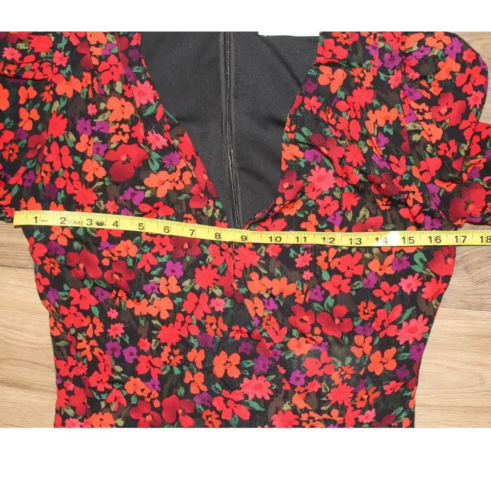 ASTR The Label Floral Sheer Long Sleeve Bodysuit Black Red Women's Small